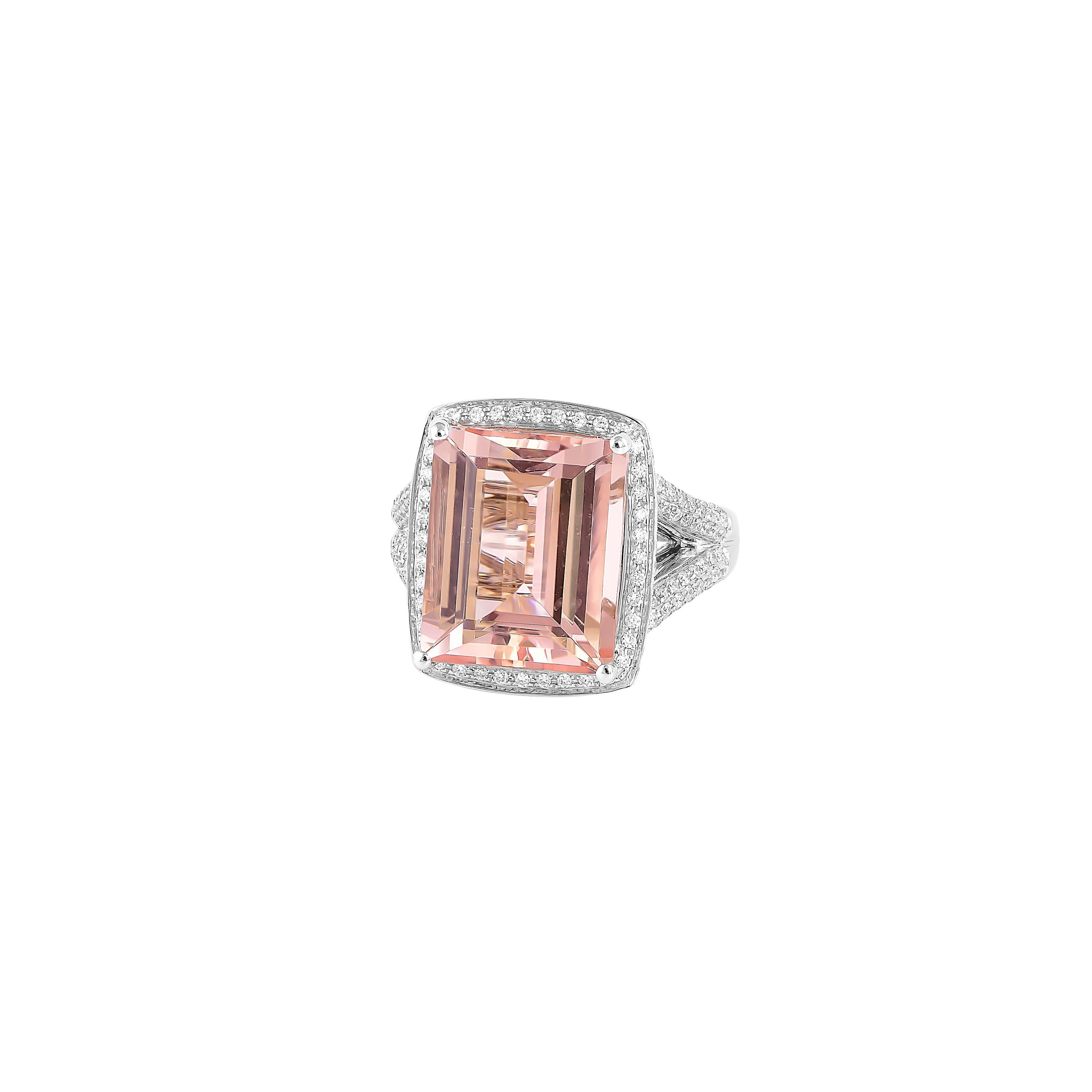 Baguette Cut 10.6 Carat Pink Morganite and Diamond Ring in 18 Karat White Gold