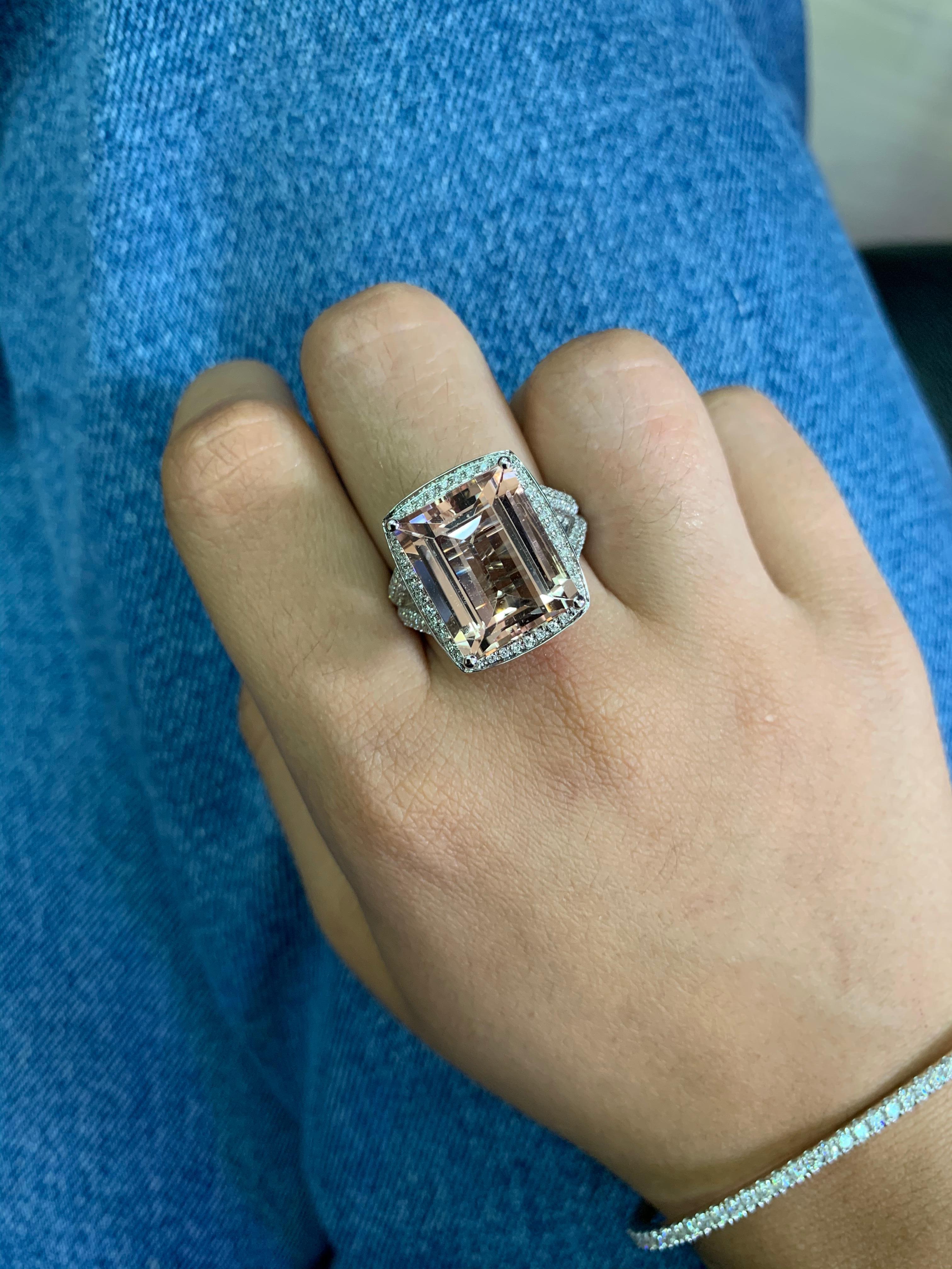 Contemporary 10.6 Carat Pink Morganite and Diamond Ring in 18 Karat White Gold