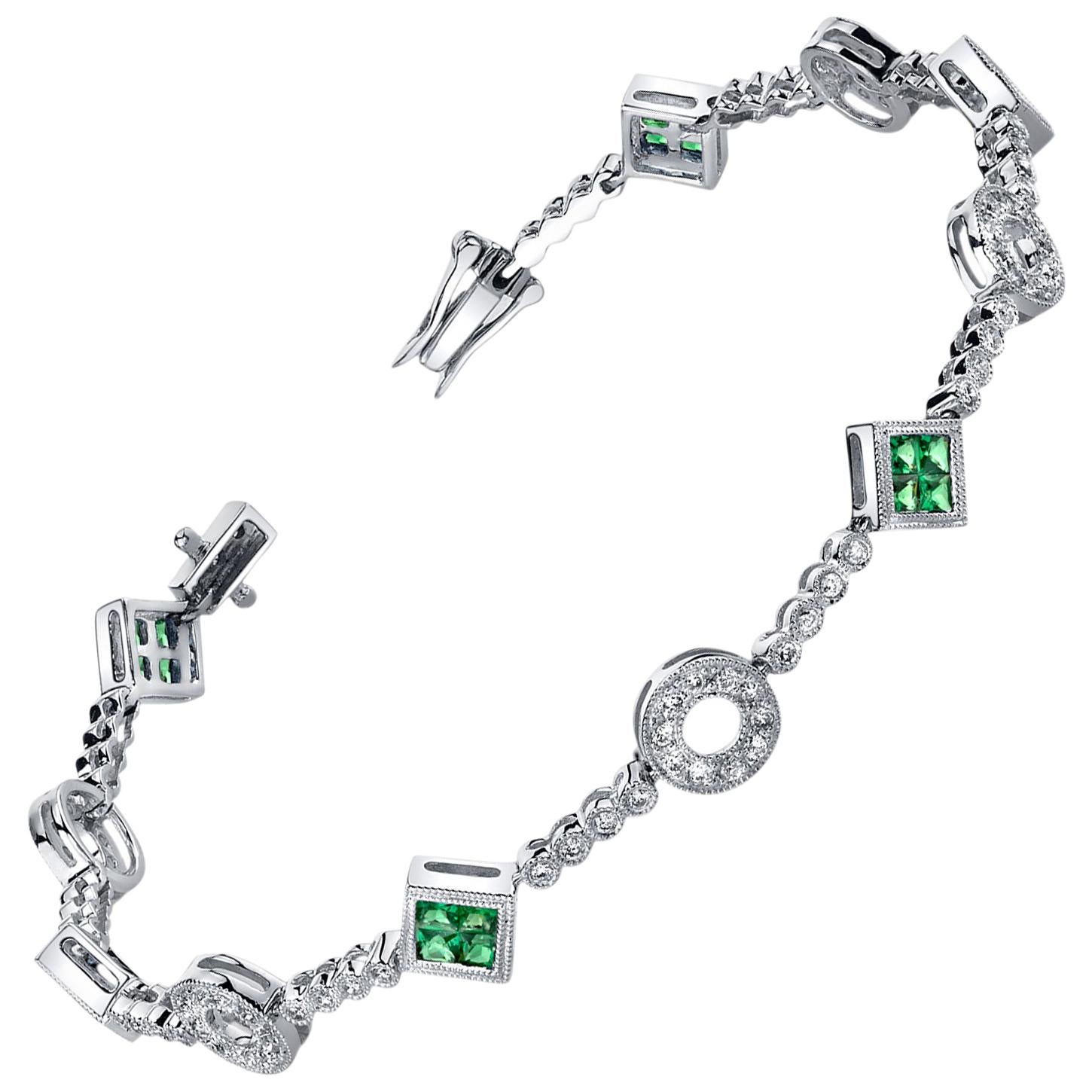 Princess Cut Tsavorite Garnet and Diamond, White Gold Filigree Link Bracelet