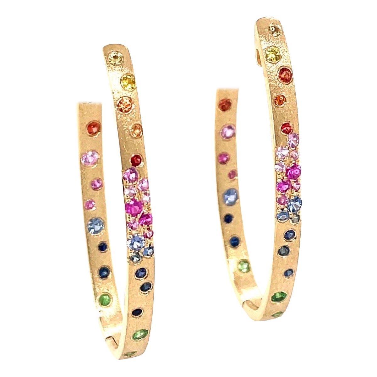 1.06 Carat Rainbow Sapphire and Tsavorite Flush Set Oval Hoop Gold Earrings