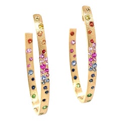 1.06 Carat Rainbow Sapphire and Tsavorite Flush Set Oval Hoop Gold Earrings