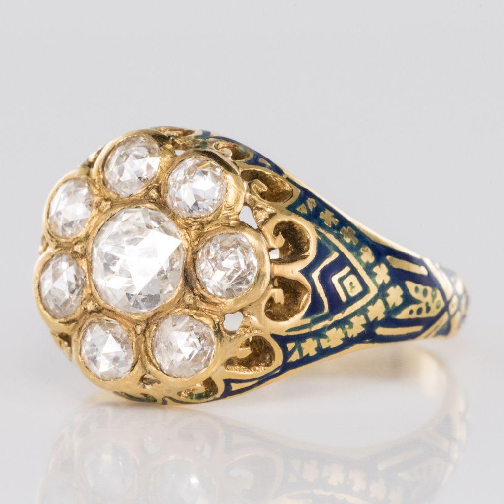 Romantic French Antique 1.06 Carat Rose- Cut Diamond Enamel 18 Karat Yellow Gold Ring For Sale