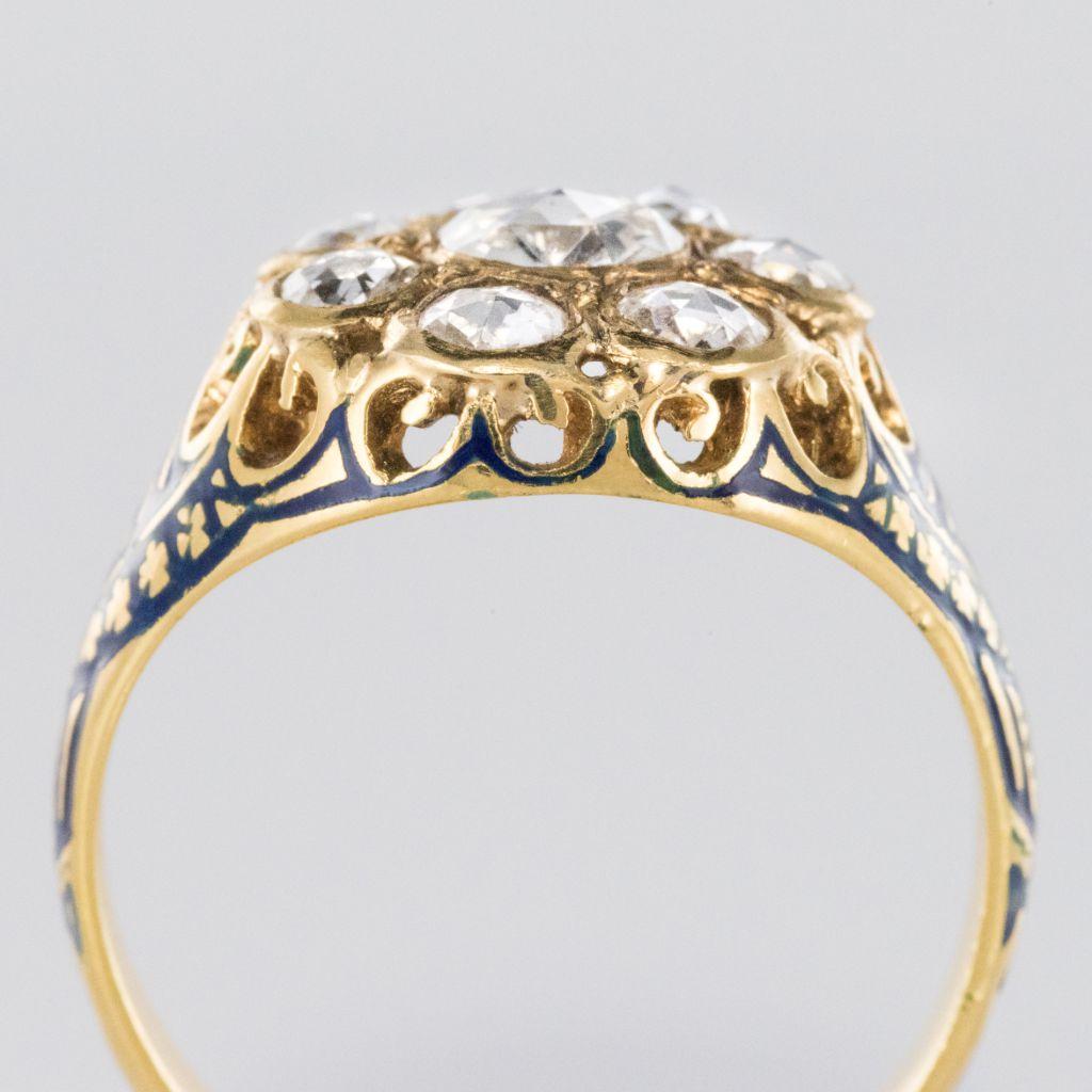 French Antique 1.06 Carat Rose- Cut Diamond Enamel 18 Karat Yellow Gold Ring In New Condition For Sale In Poitiers, FR