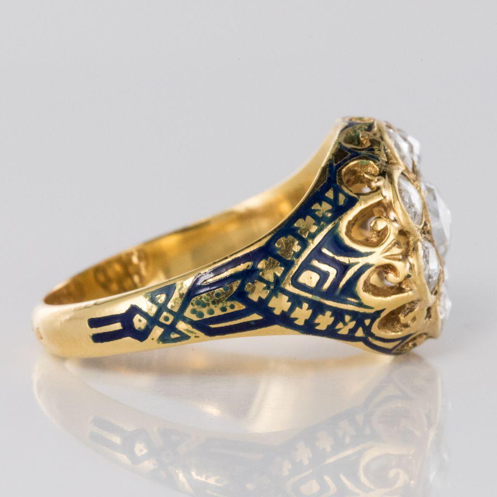 Women's French Antique 1.06 Carat Rose- Cut Diamond Enamel 18 Karat Yellow Gold Ring For Sale