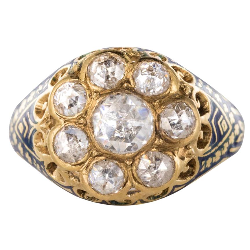 Bague française ancienne en or jaune 18 carats avec émail et diamants taille rose de 1,06 carat en vente