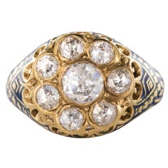 French Vintage 1.06 Carat Rose- Cut Diamond Enamel 18 Karat Yellow Gold Ring