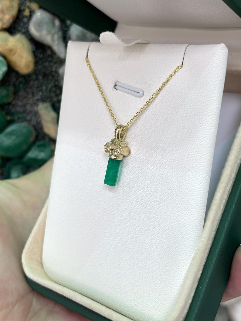 Emerald Cut 1.06 Carat Rough Colombian Emerald Pendant  14K Gold Vivid Green Crystal For Sale