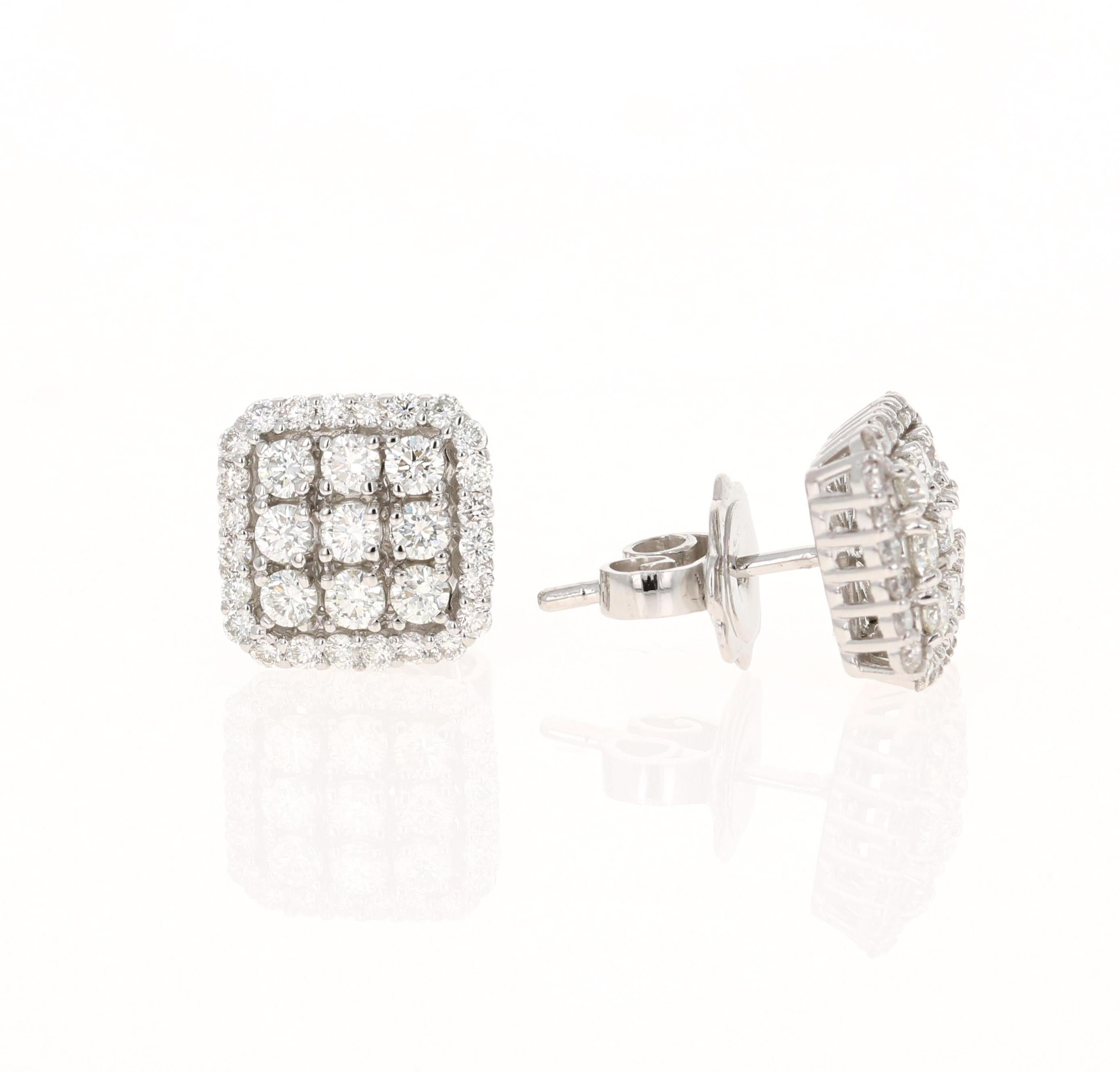 These earrings have 66 Round Cut Diamonds that weigh 1.06 carats. The clarity is VS and color is H. The width of the earrings are approximately 9.5 mm

The backing of the earring is a standard push back. The Earrings are made in 14K White Gold and