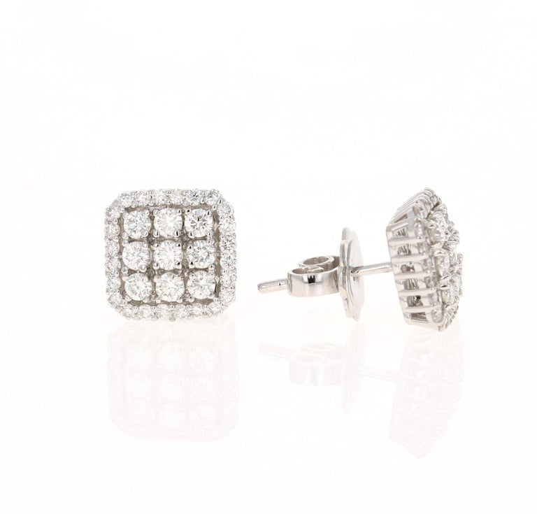 These earrings have 66 Round Cut Diamonds that weigh 1.06 carats. The clarity is VS and color is H. The with of the earrings are approximately 9.5 mm

The backing of the earring is a standard push back. The Earrings are made in 14K White Gold and