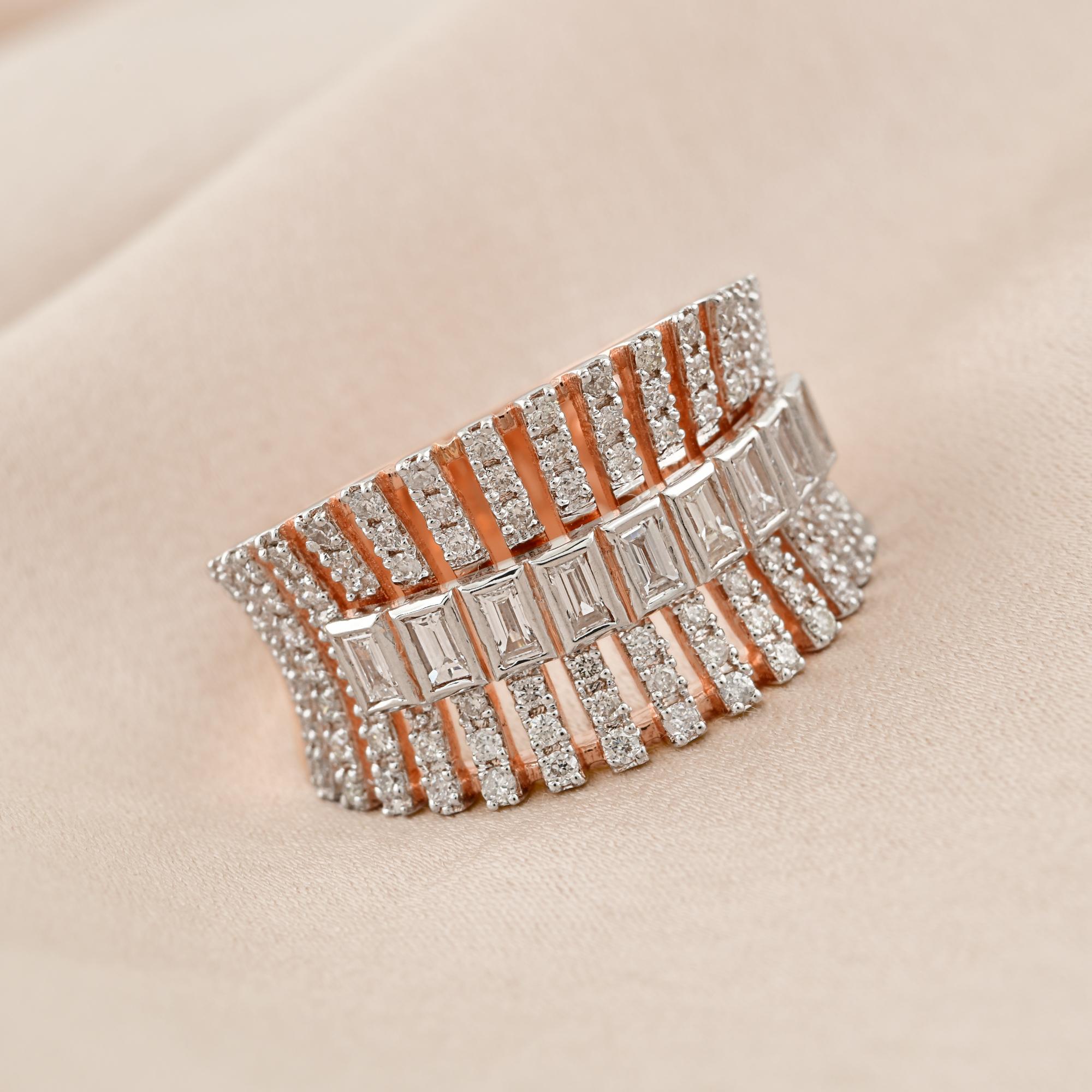 Taille baguette Bague en or blanc et rose 14 carats avec diamants ronds baguettes de 1,06 carat SI/H en vente