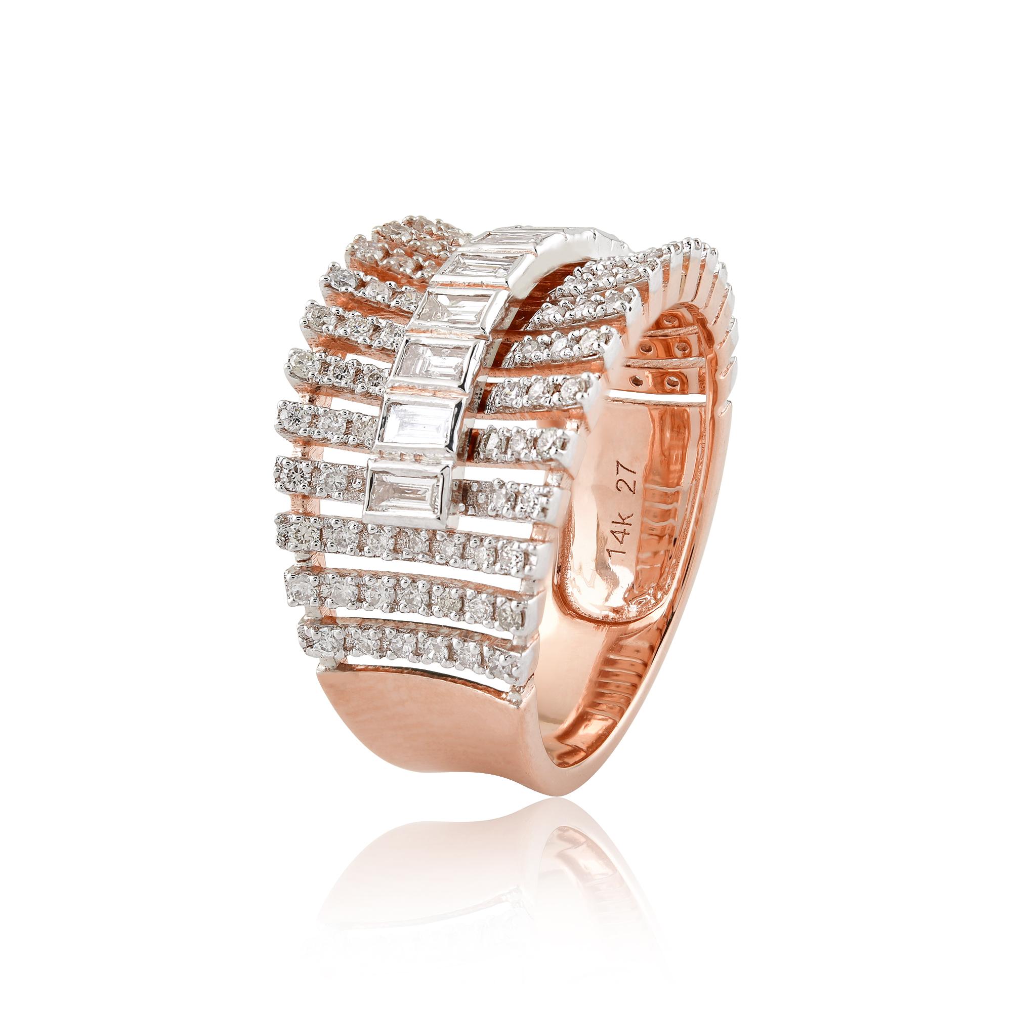 Bague en or blanc et rose 14 carats avec diamants ronds baguettes de 1,06 carat SI/H Neuf - En vente à Diera, Dubai
