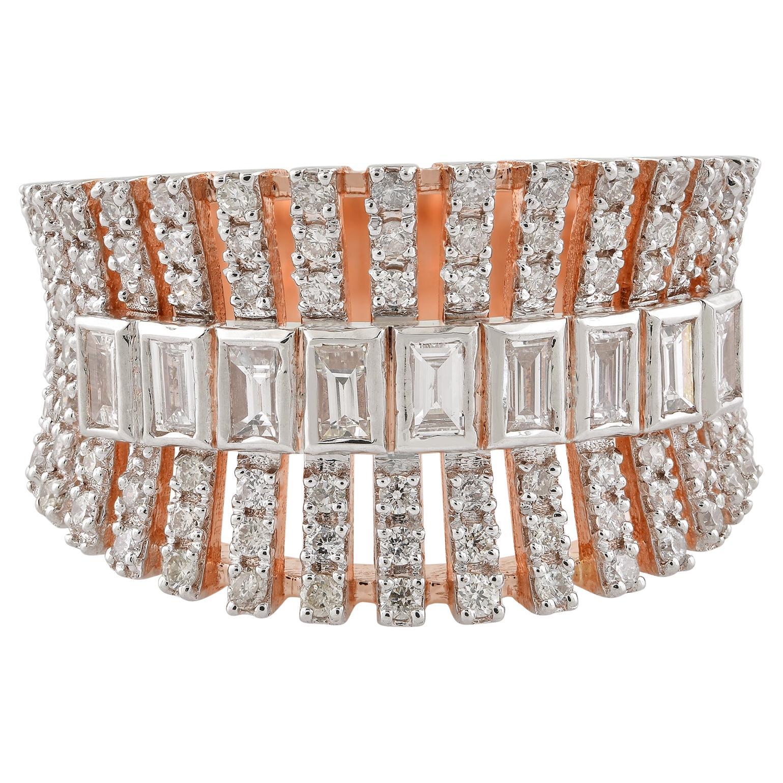 Bague en or blanc et rose 14 carats avec diamants ronds baguettes de 1,06 carat SI/H en vente