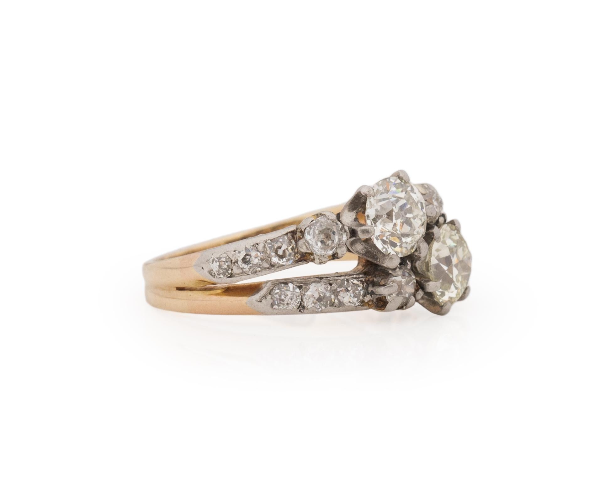 Ring Size: 5
Metal Type: 14K Yellow Gold and Platinum [Hallmarked, and Tested]
Weight: 4.0 grams
2 Main Diamond Details:
Weight: 1.06ct, total weight (2 Diamonds)
Cut: Old European brilliant
Color: K/L
Clarity: VS/SI
Side Diamond Details: 
.50ct,