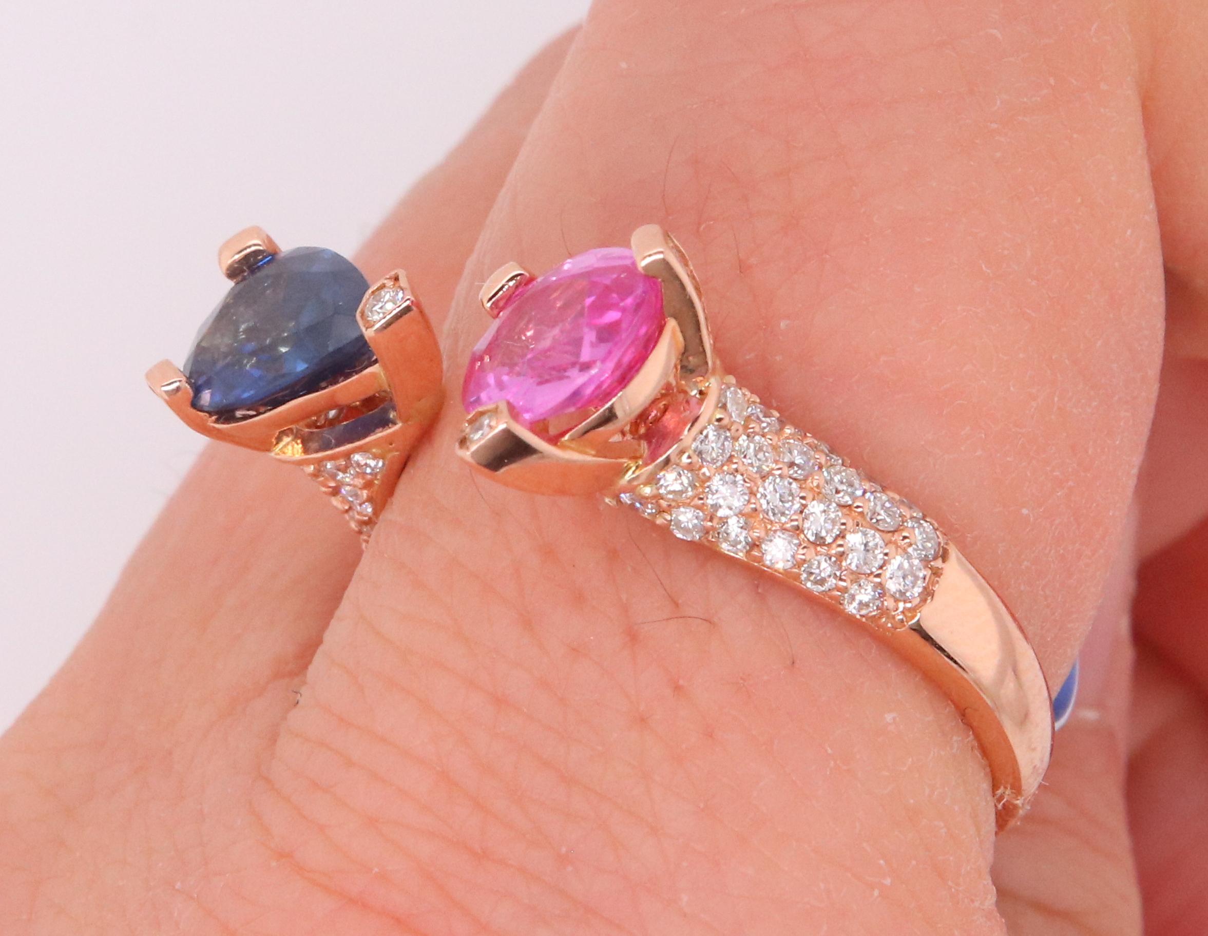 Pear Cut 1.06 Carat Two-Stone Pink Sapphire, Blue Sapphire, and Diamond Rose Gold Ring For Sale