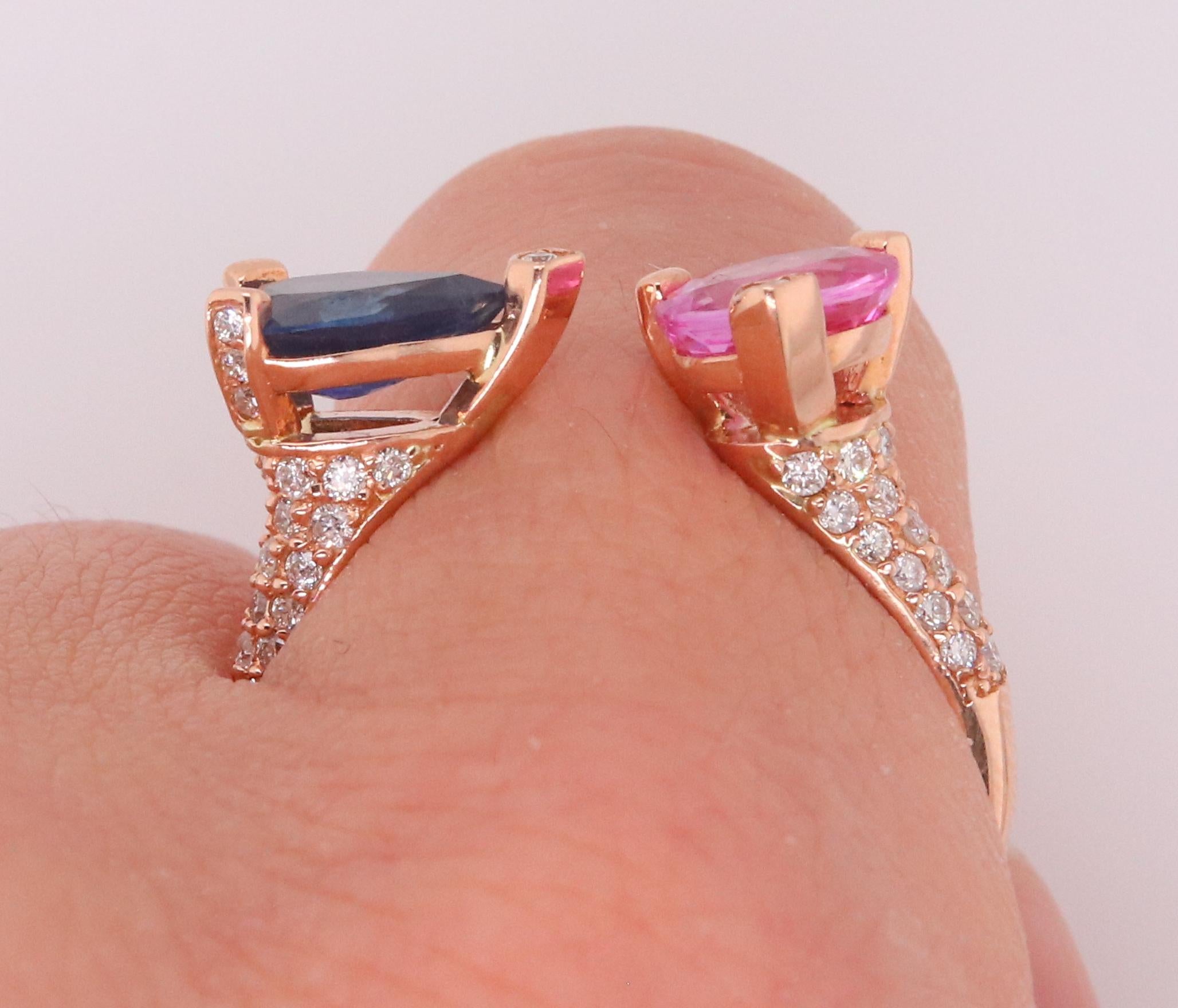 1.06 Carat Two-Stone Pink Sapphire, Blue Sapphire, and Diamond Rose Gold Ring In New Condition For Sale In GREAT NECK, NY
