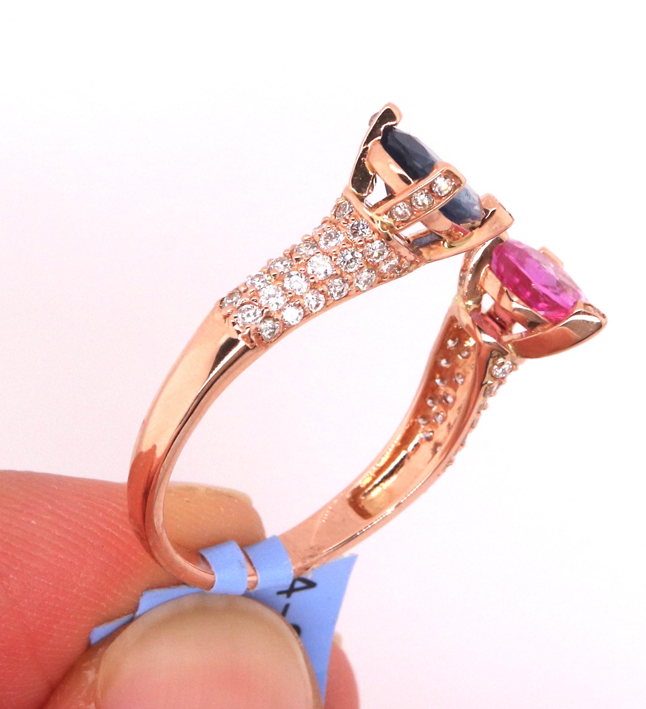Women's 1.06 Carat Two-Stone Pink Sapphire, Blue Sapphire, and Diamond Rose Gold Ring For Sale
