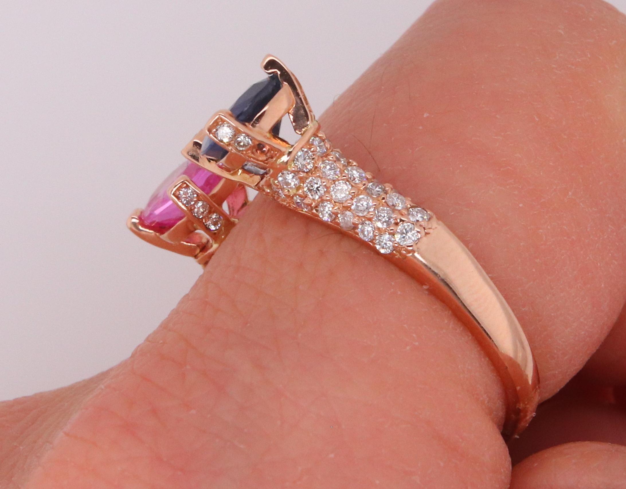1.06 Carat Two-Stone Pink Sapphire, Blue Sapphire, and Diamond Rose Gold Ring For Sale 1