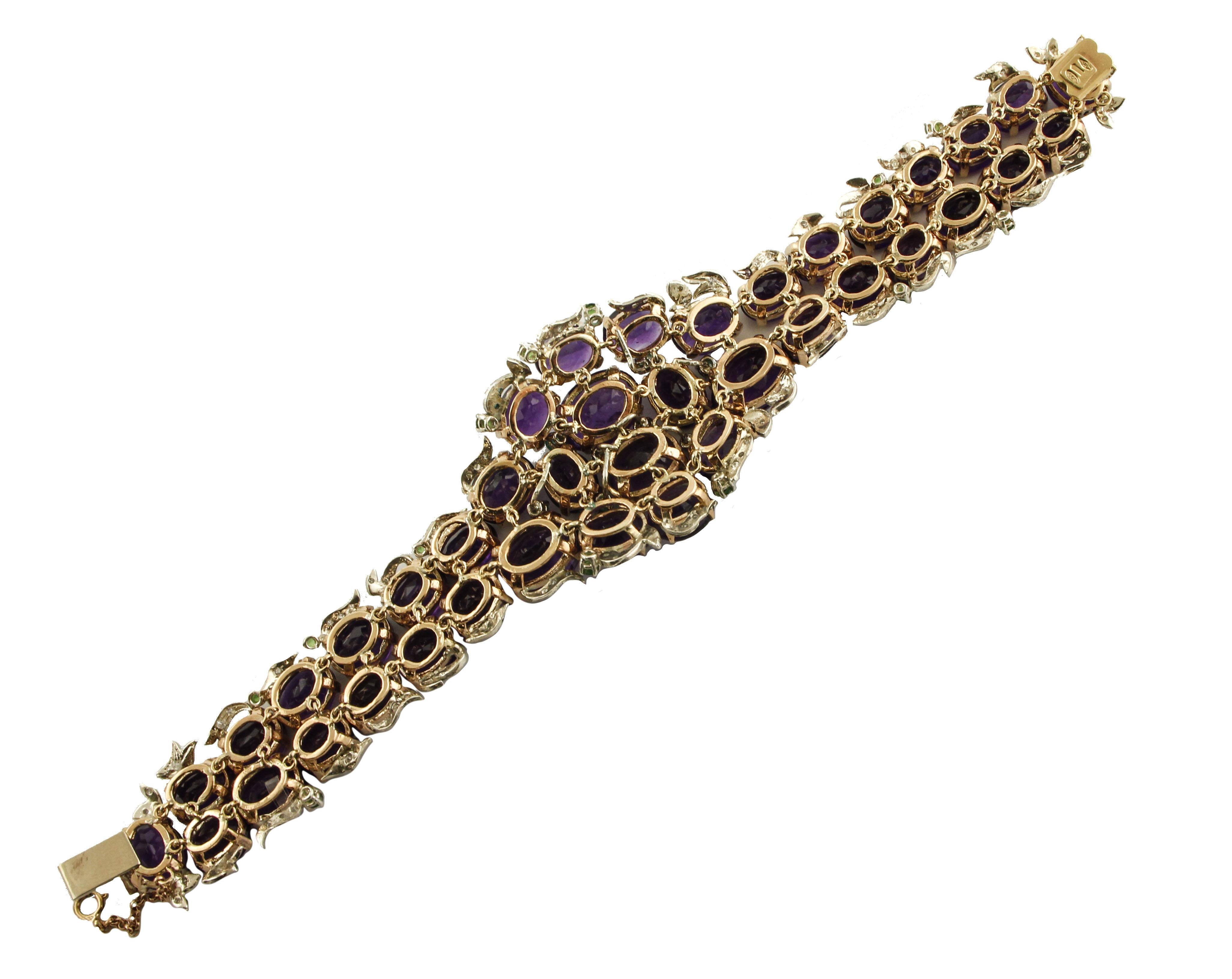 Retro 1.06 ct Diamonds,  Emeralds, 101.05 ct Amethyst Rose Gold  Silver Bracelet For Sale
