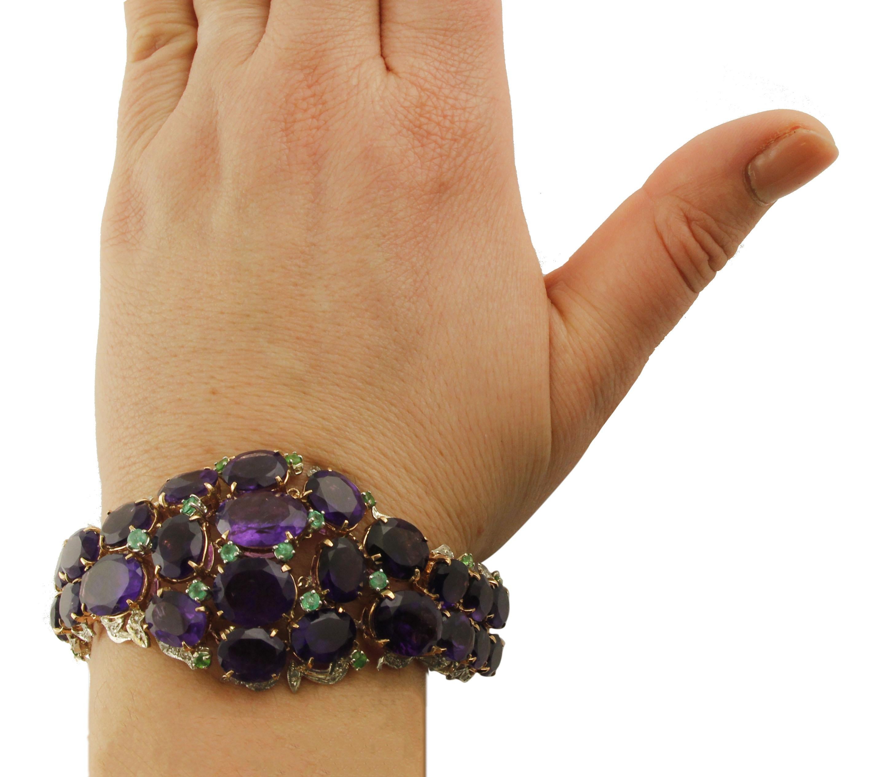 Mixed Cut 1.06 ct Diamonds,  Emeralds, 101.05 ct Amethyst Rose Gold  Silver Bracelet For Sale