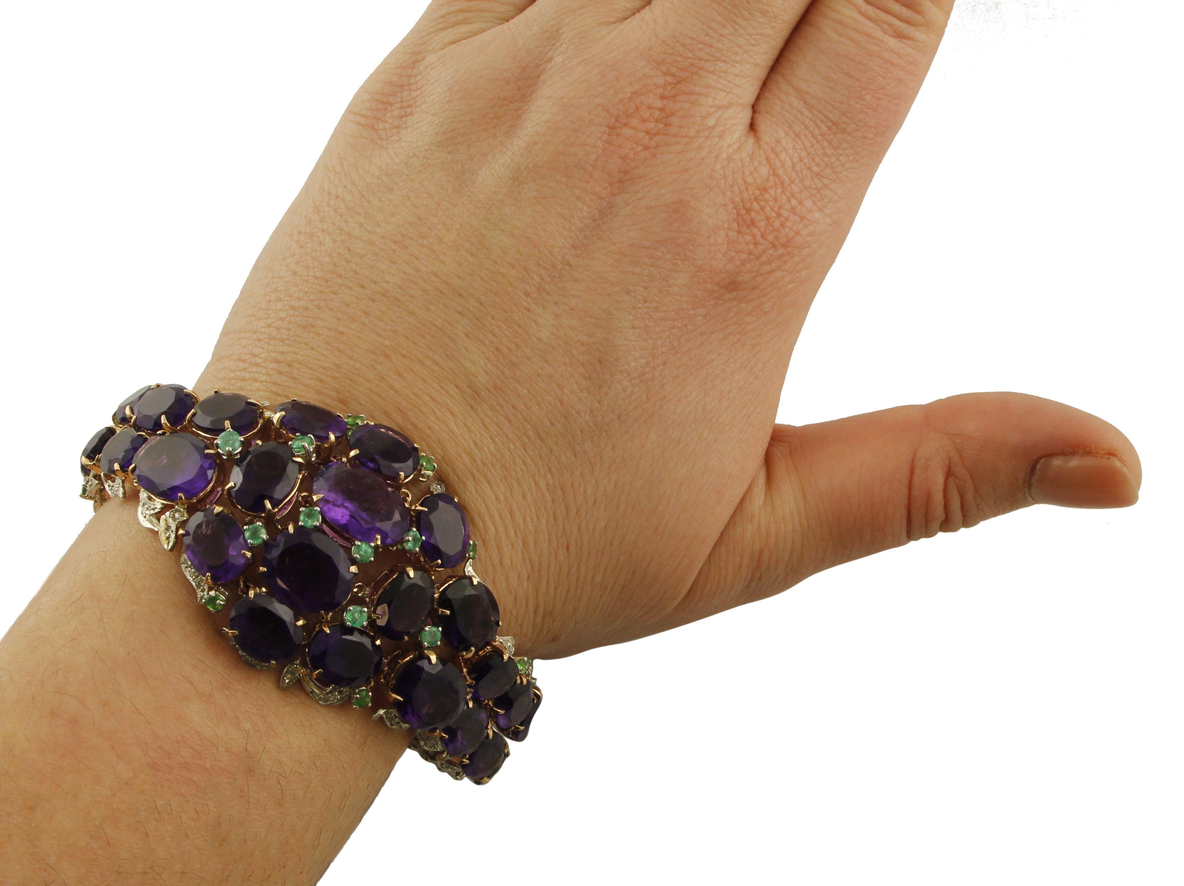 1.06 ct Diamonds,  Emeralds, 101.05 ct Amethyst Rose Gold  Silver Bracelet In Excellent Condition For Sale In Marcianise, Marcianise (CE)