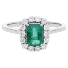 1.06 Ct Emerald Halo Diamond Engagement Ring 18k White Gold Gift for Her