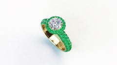 1.06 Ct GIA Certified Round Diamond Round Emerald Halo &Pave Shank 18k Gold Ring