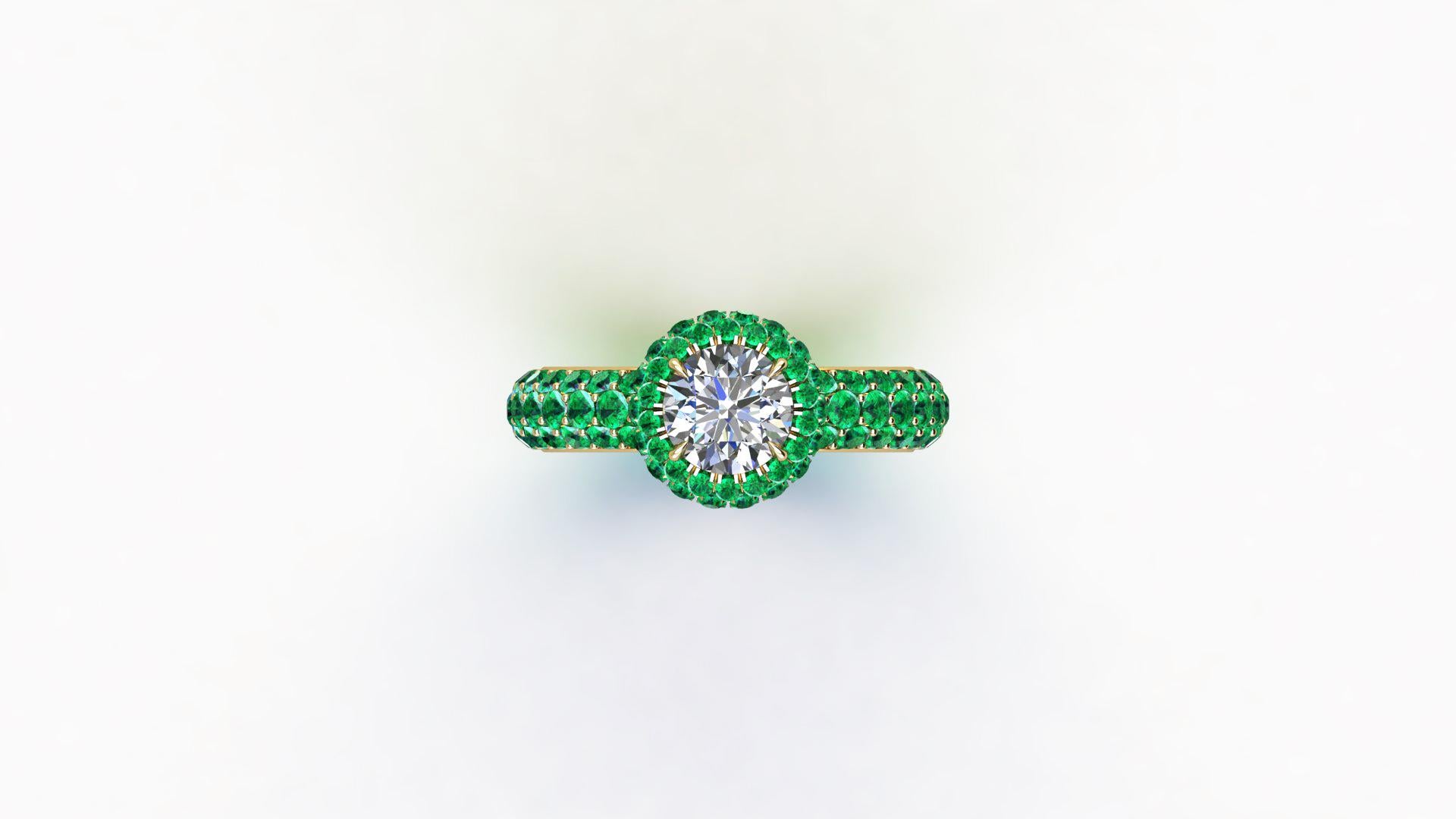 Art Nouveau 1.06 Ct GIA Certified Round Diamond Round Emerald Halo &Pave Shank 18k Gold Ring For Sale