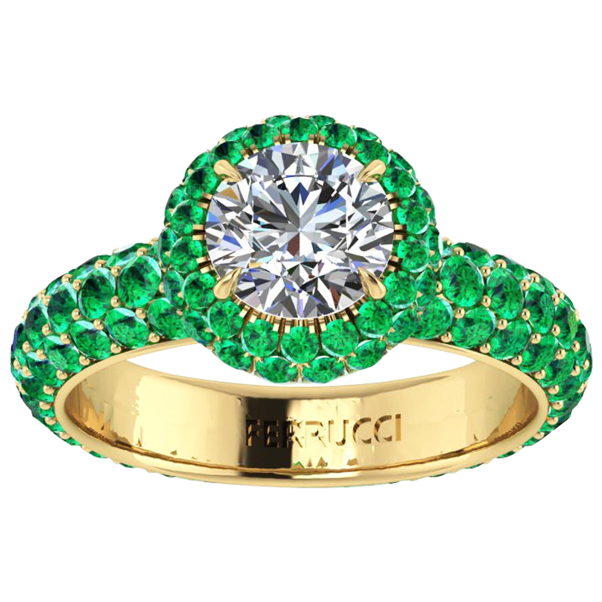 Anello in oro 18k con diamante rotondo certificato GIA da 1,06 carati e smeraldo aureolato con gambo a pavé in vendita