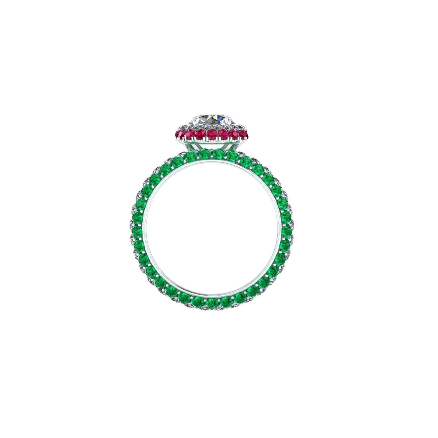 Italian Flag Lover 
GIA Certified 1.06 Round diamond, G color, IF clarity, Internally Flawless with Triple Excellent Specs. a stunning classic, incredibly beautiful diamond set in a hand made Double Round Emeralds and Rubies Halo and a triple pave'