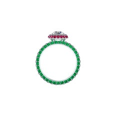 1.06 Ct GIA Round Diamond Round Emeralds Rubies Italian Flag Platinum Ring