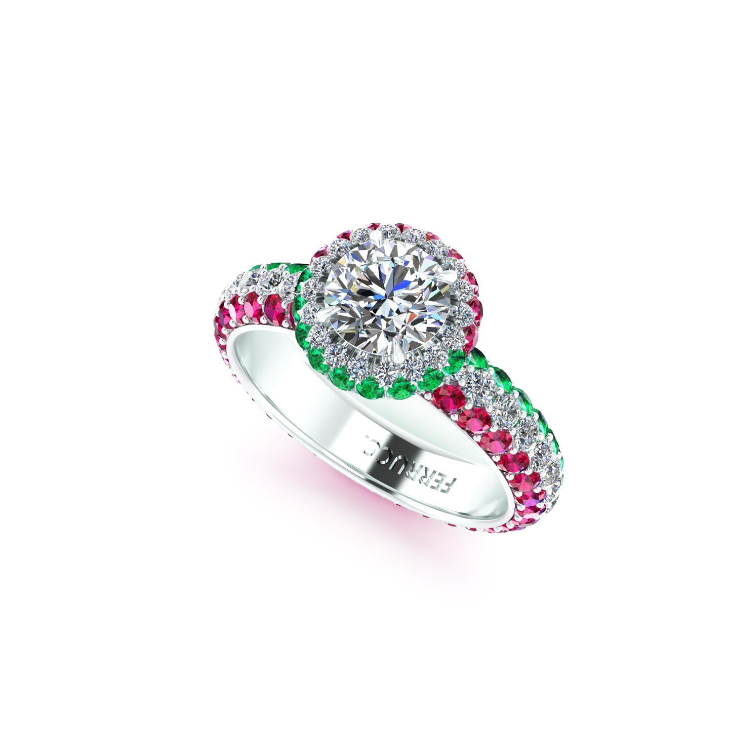 Art Nouveau 1.06 Ct GIA Round Diamond Round Emeralds Rubies Italian Flag Platinum Ring For Sale