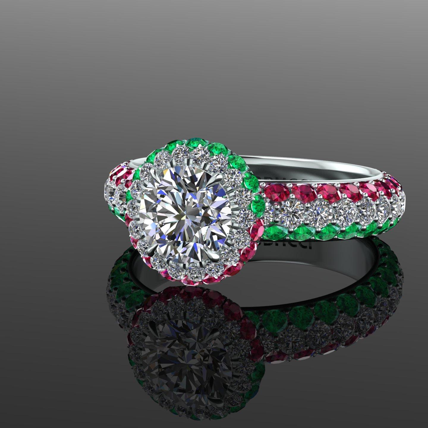 1.06 Ct GIA Round Diamond Round Emeralds Rubies Italian Flag Platinum Ring In New Condition For Sale In New York, NY
