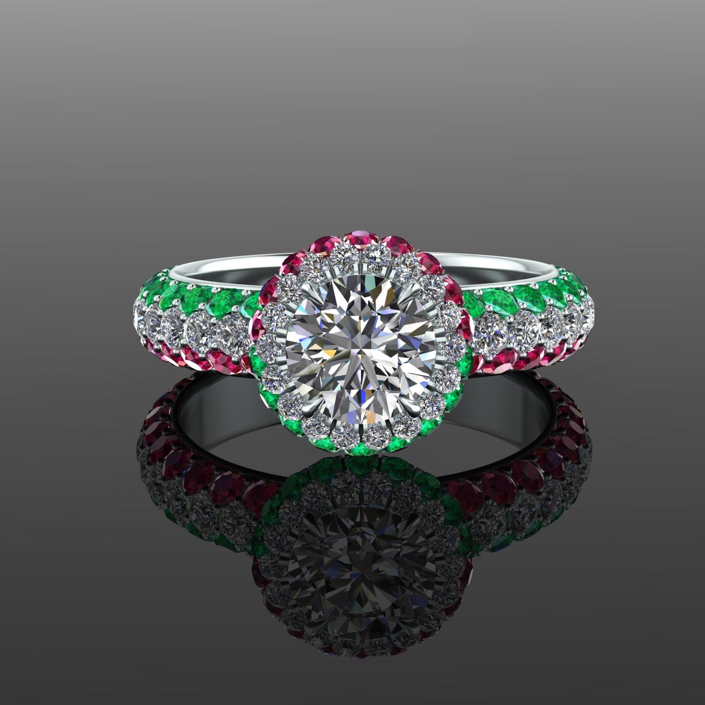 Women's 1.06 Ct GIA Round Diamond Round Emeralds Rubies Italian Flag Platinum Ring For Sale