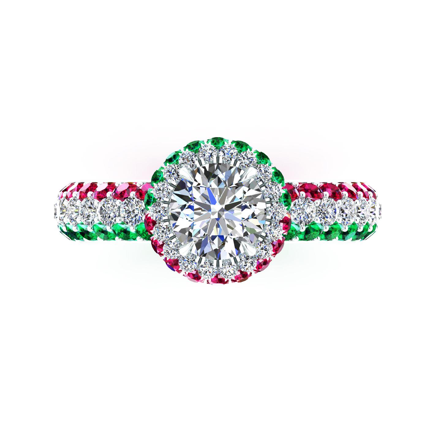 1.06 Ct GIA Round Diamond Round Emeralds Rubies Italian Flag Platinum Ring For Sale