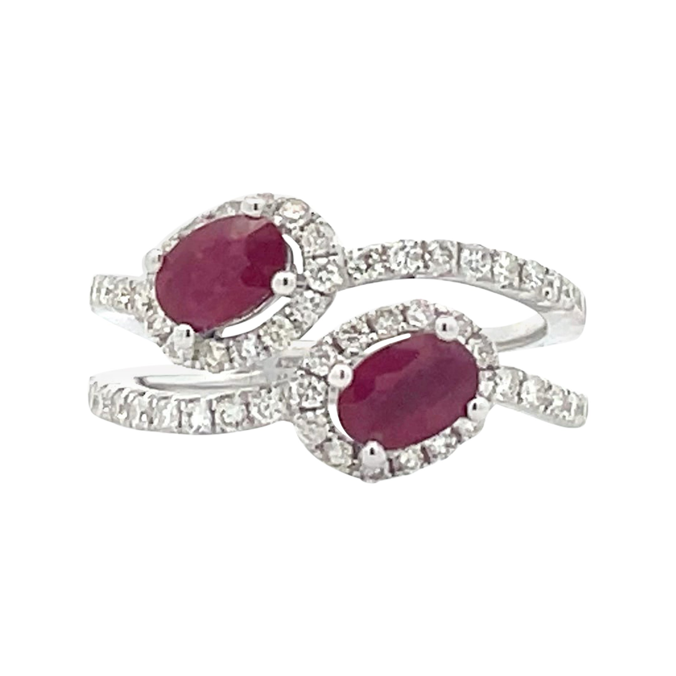 1.06 Carat Oval Ruby and Diamond Halo Crossover Cocktail Ring in 14k Gold