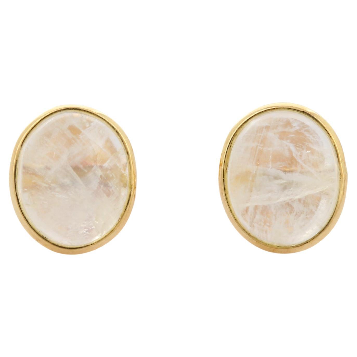 10.6 Ct Rose Moonstone Pierced Earrings in 18K Yellow Gold For Sale