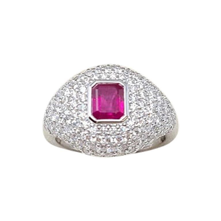 1.06 Ct Ruby 1.83 Ct Diamonds 18kt White Gold Dome Pavè Ring For Sale