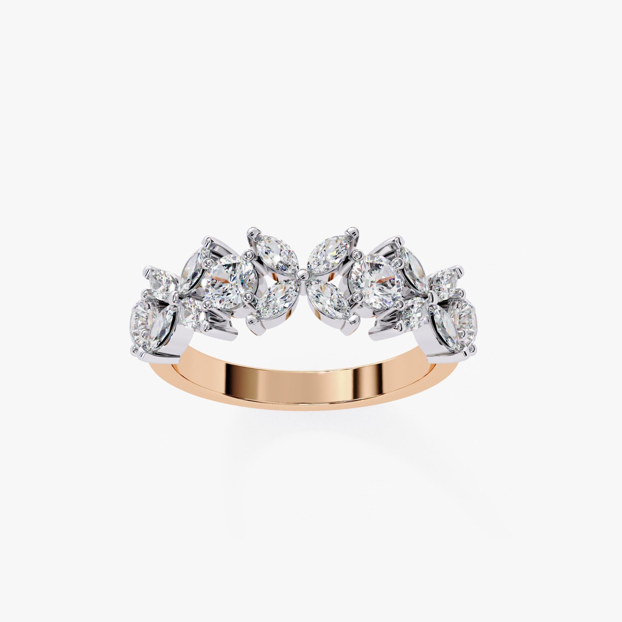 1.06 Ctw, Marquise and Round Diamond Ring, Diamond Band, 14K Solid Gold For Sale 3