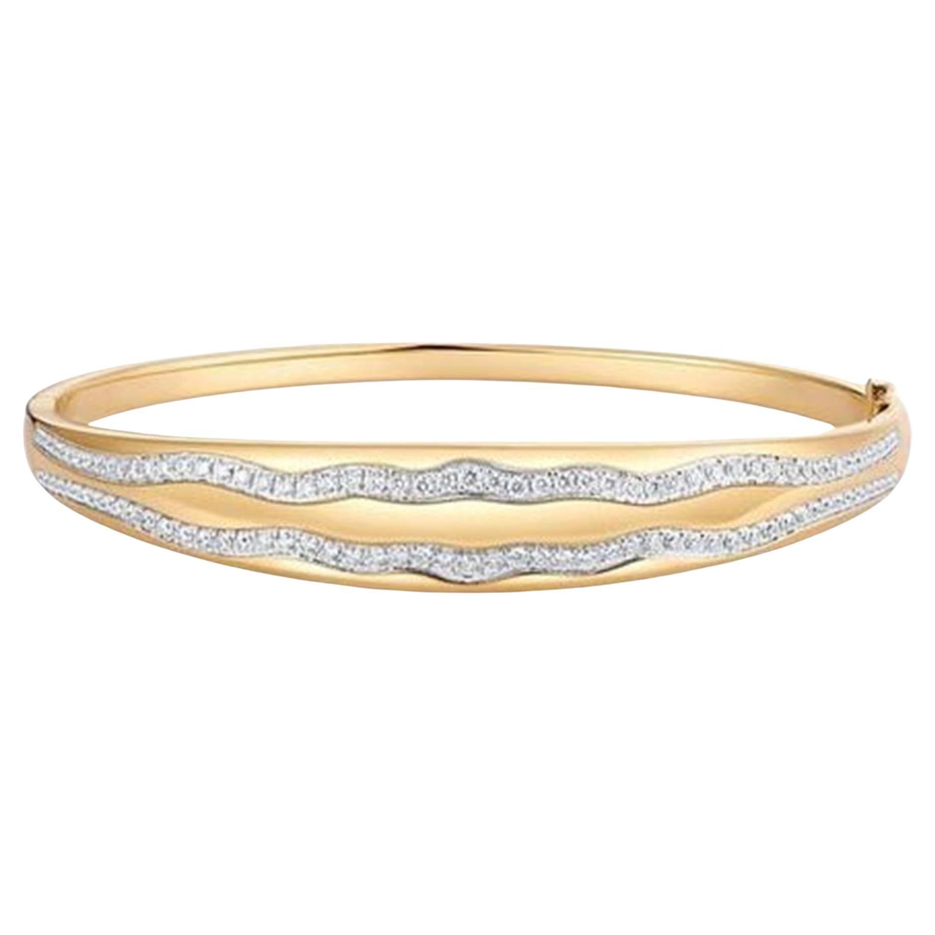 106 Dual Diamond Wave Design 14K (or 18k request) Yellow Gold Bangle Bracelet