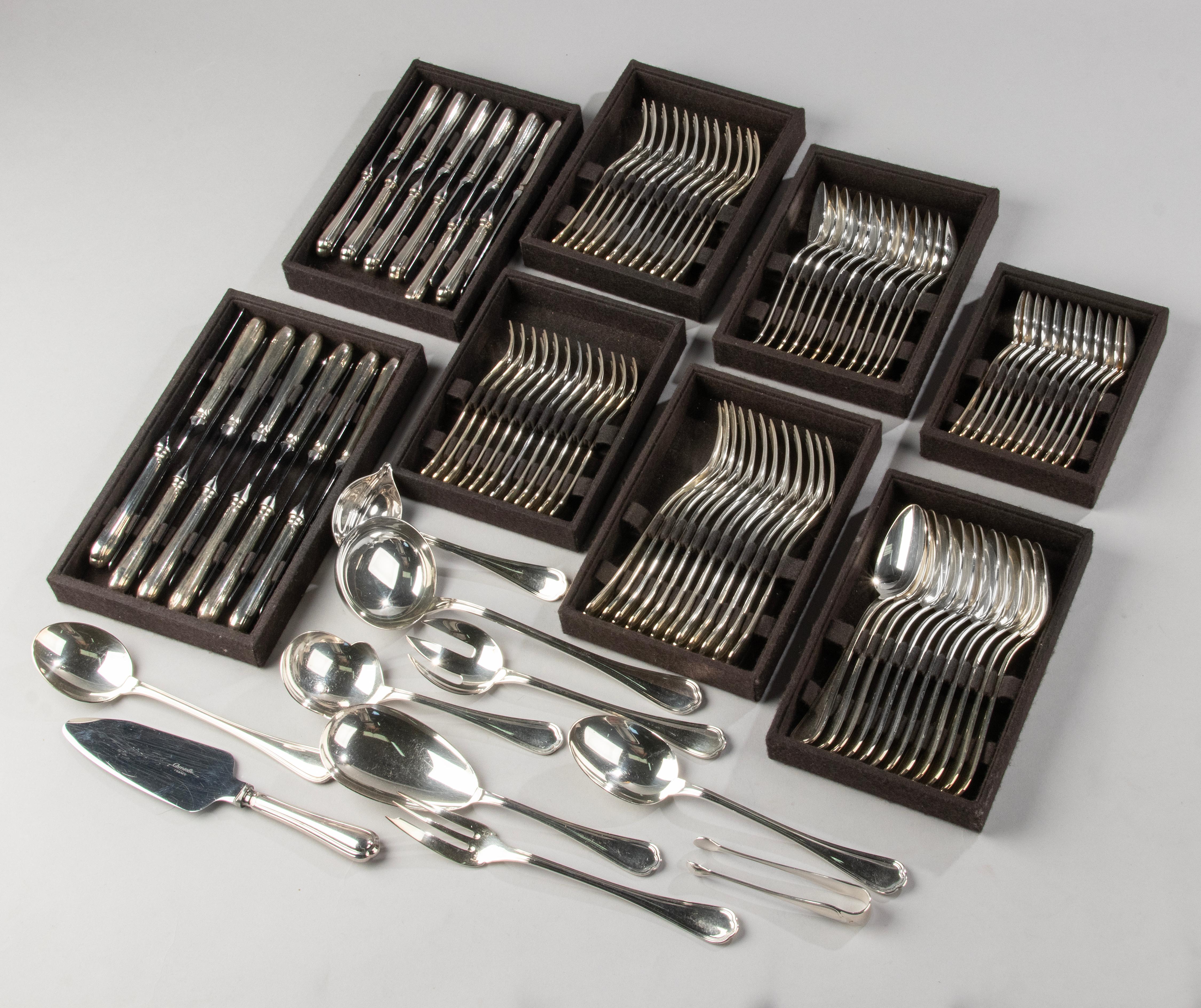 A beautiful set of classic silver plated flatware for 12 persons, made by the French brand Christofle. 
The name of the model is Spatours. 
The set is in great condition, looks like it has hardly been used. Beautiful colour and shine. The set comes