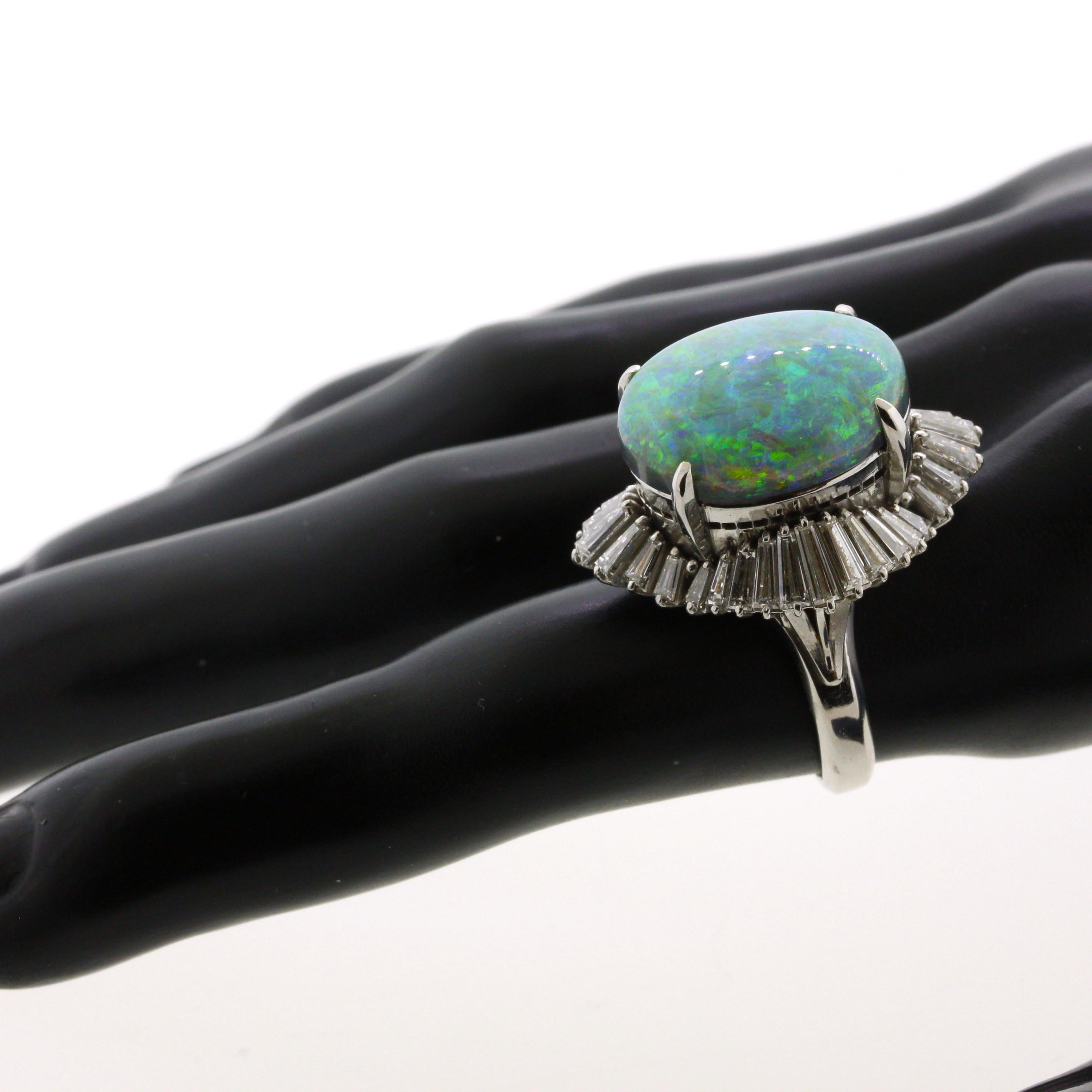 Women's 10.60 Carat Australian Black Opal Diamond Platinum Ballerina Ring For Sale