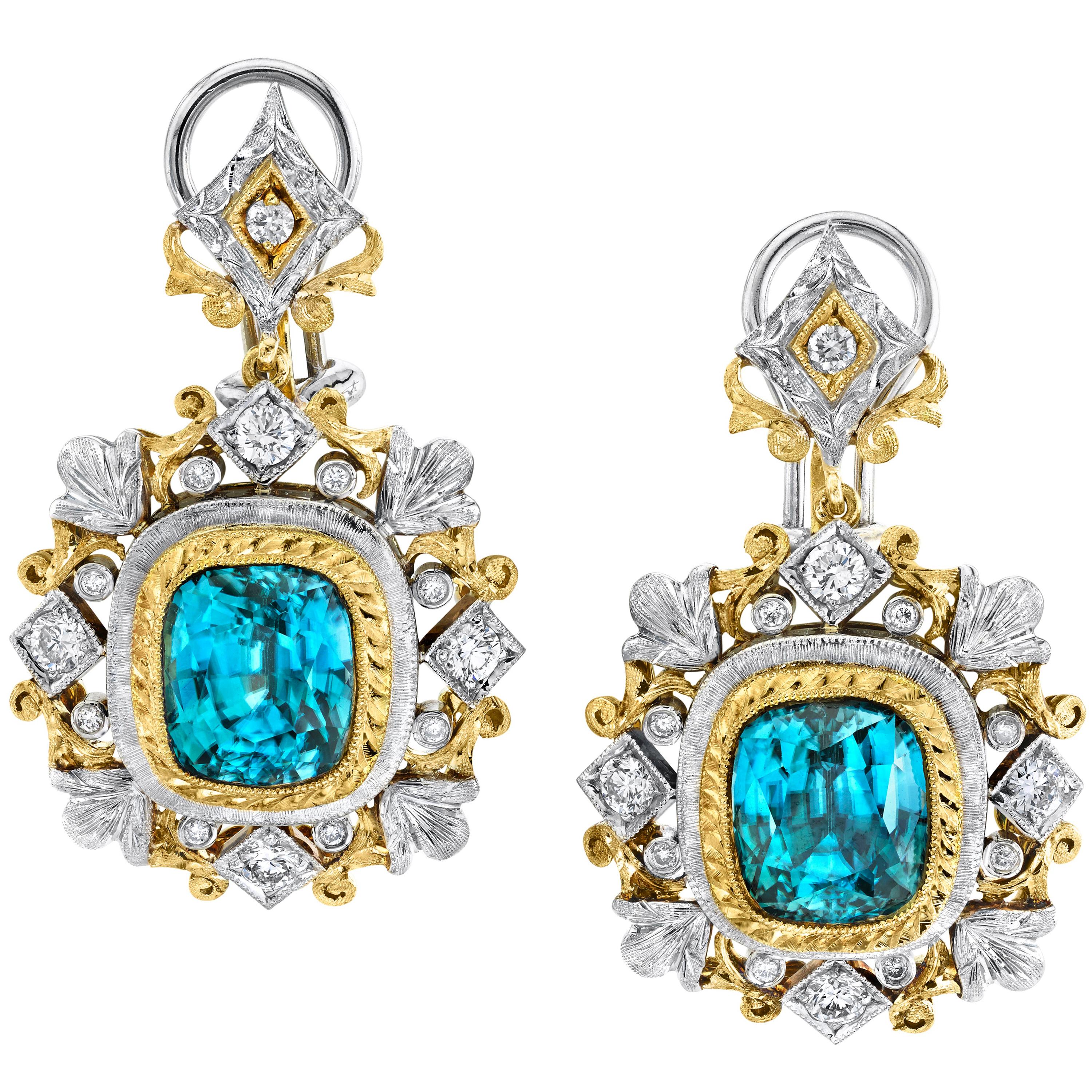 10.60 ct. t.w. Blue Zircon Diamond, Two-Toned Handmade French Clip Drop Earrings