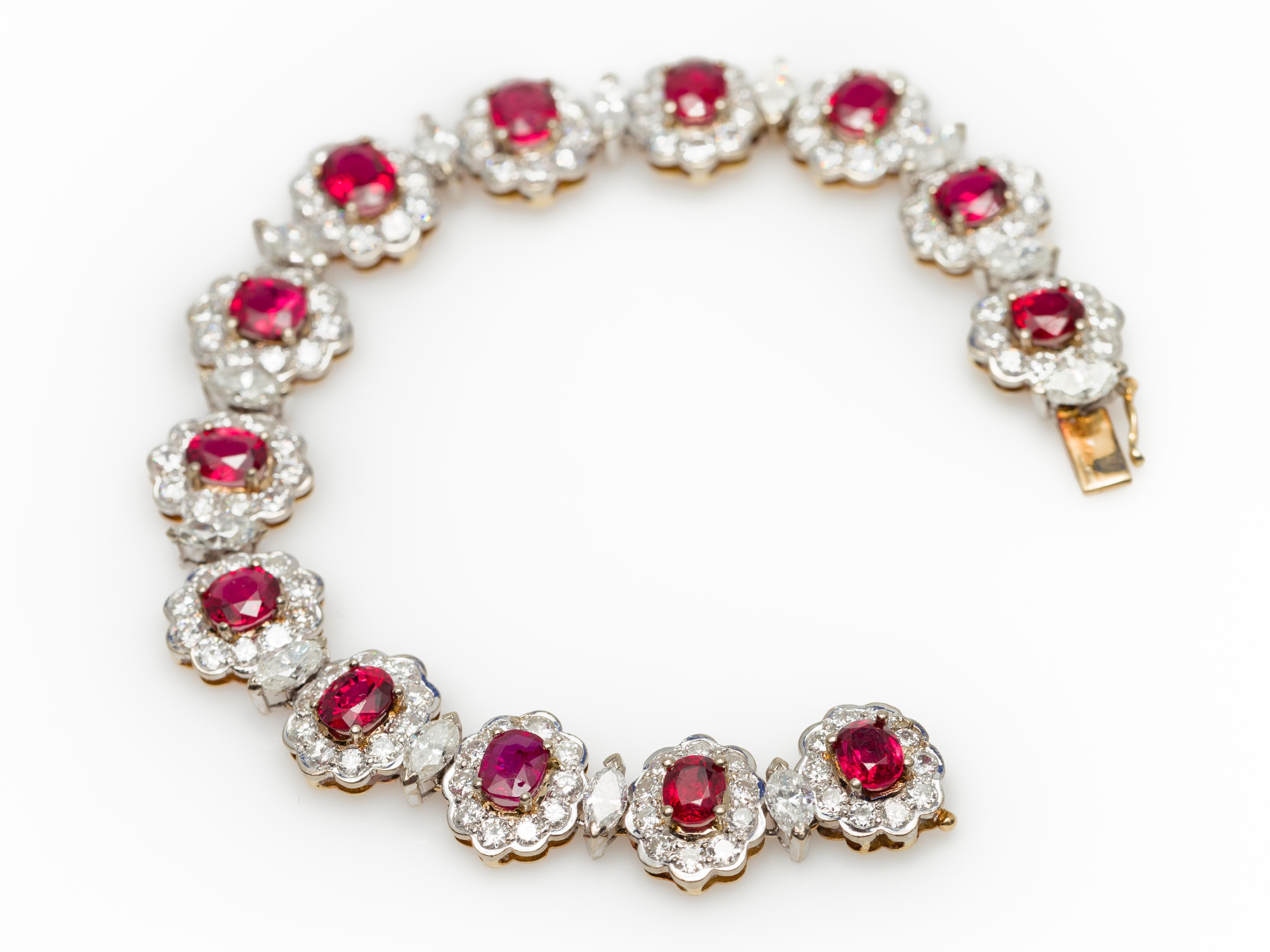 A Diamond and Spinel bracelet set in 18K white and yellow gold, circa 1960. Mesmerizing us with its perfect contrast of colors, this midcentury bracelet features full round cut shape and Marquise cut shape Diamonds of a total weight of 10.60 carats,