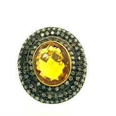 10.60 Carat Golden Topaz, 1.24 Carat Diamond 14 Karat Gold Silver Ring