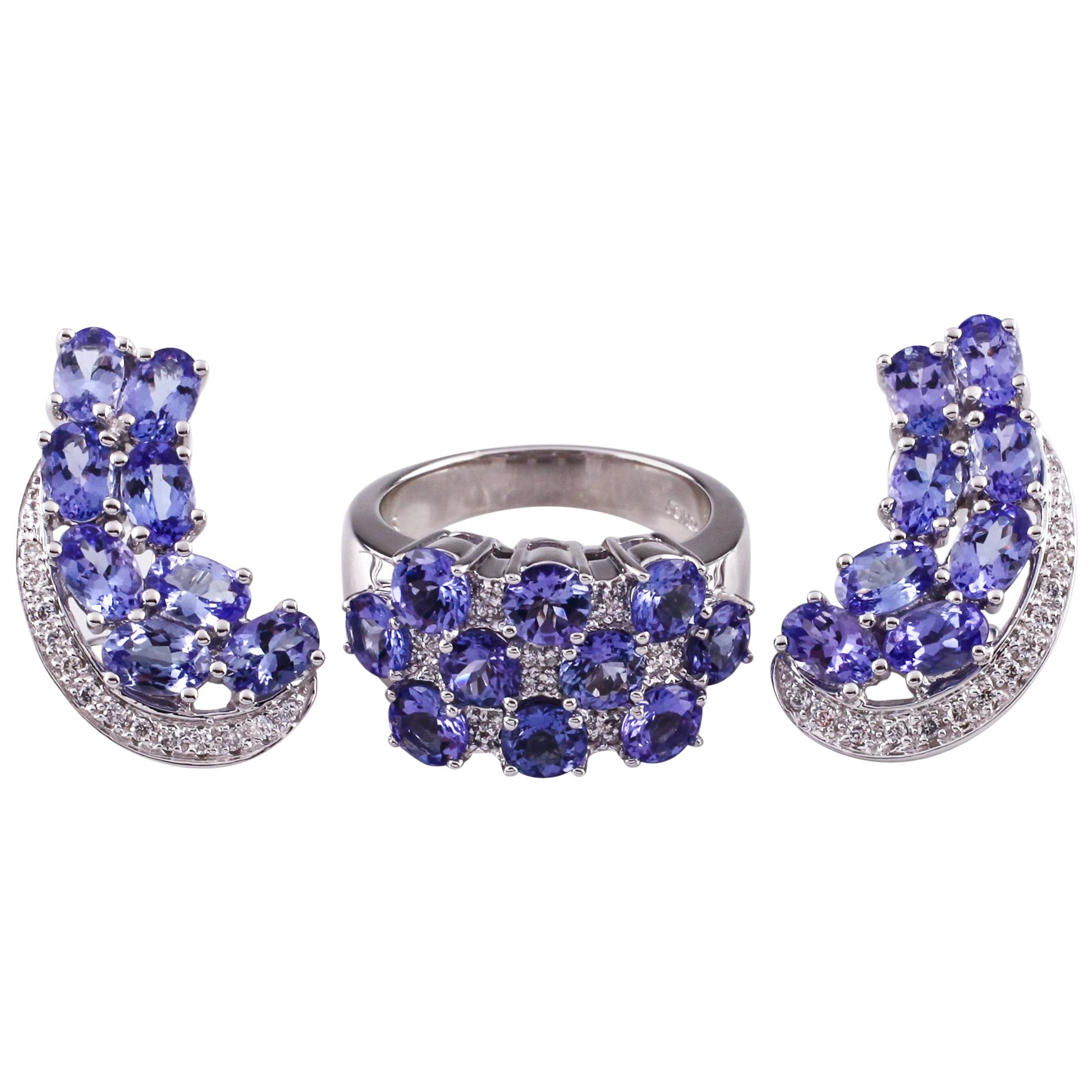 10.60 Carat Iolite and Diamond 14 Karat White Gold Earring and Ring Jewelry Set