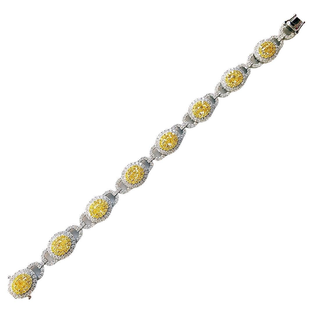 10.60 Carat Oval-Cut Yellow and White Diamond Bracelet, Set in 18K White Gold. For Sale
