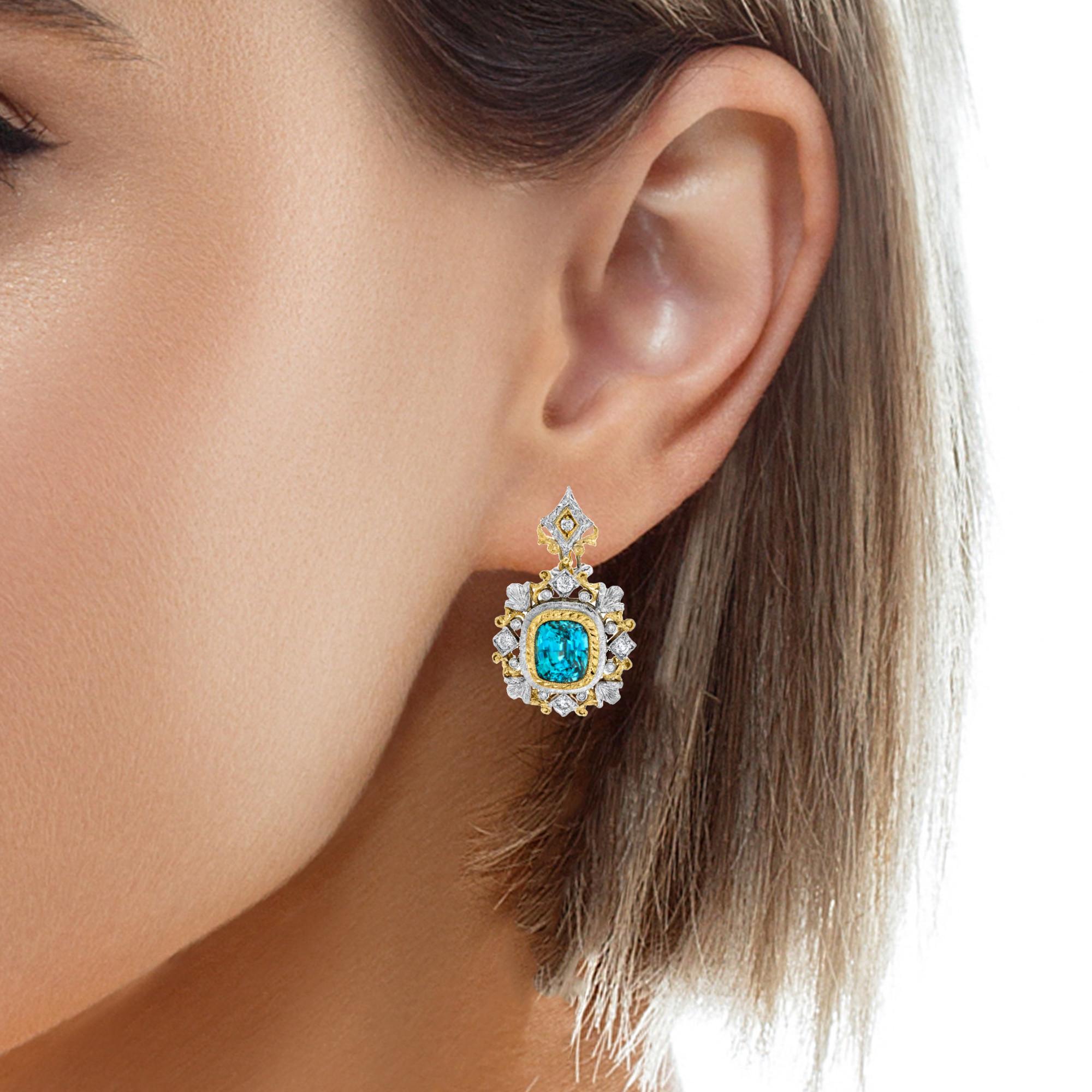 10.60 Ct T.W. Blue Zircon Diamond, Two-Toned Handmade French Clip Drop Earrings For Sale 4