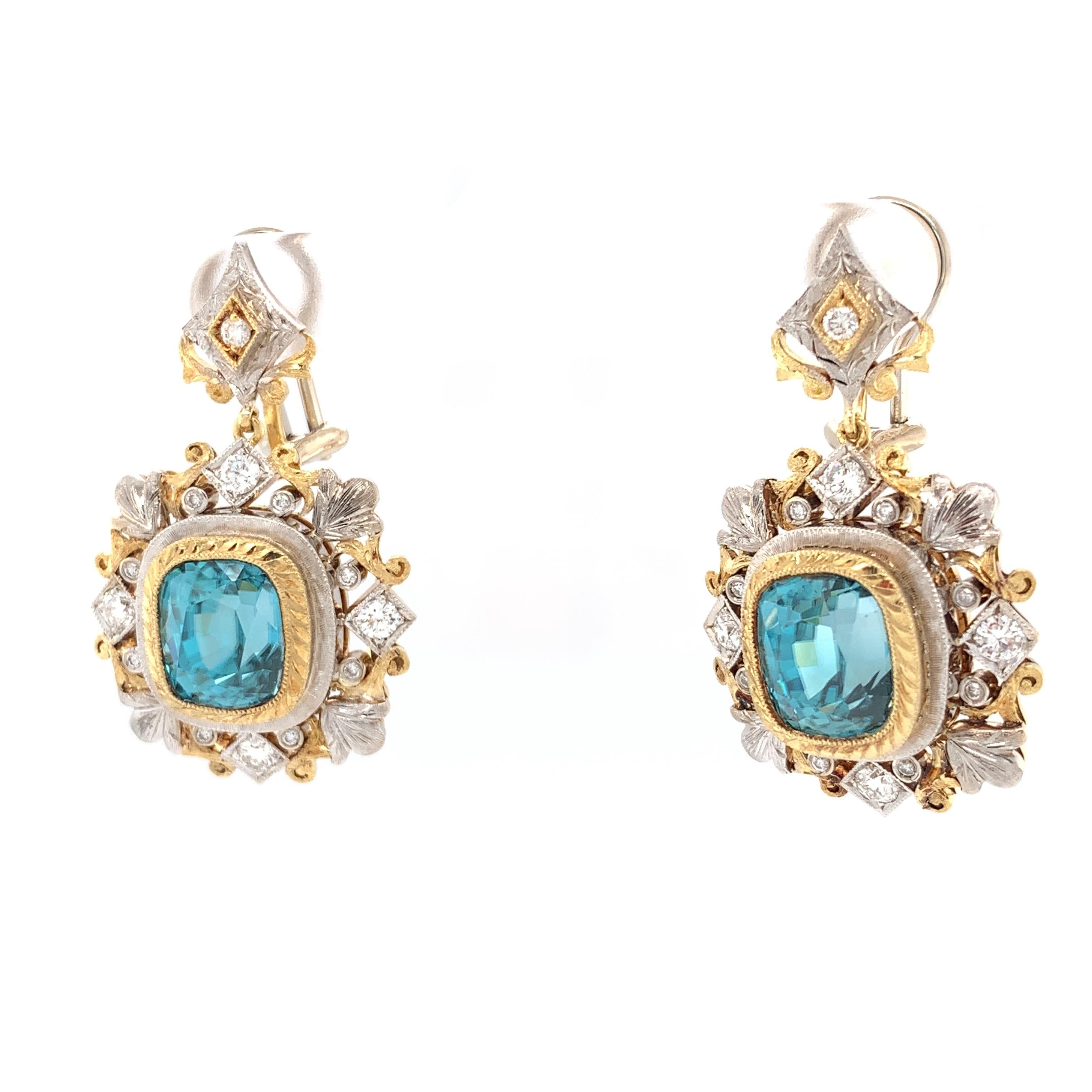 Artisan 10.60 Ct T.W. Blue Zircon Diamond, Two-Toned Handmade French Clip Drop Earrings For Sale