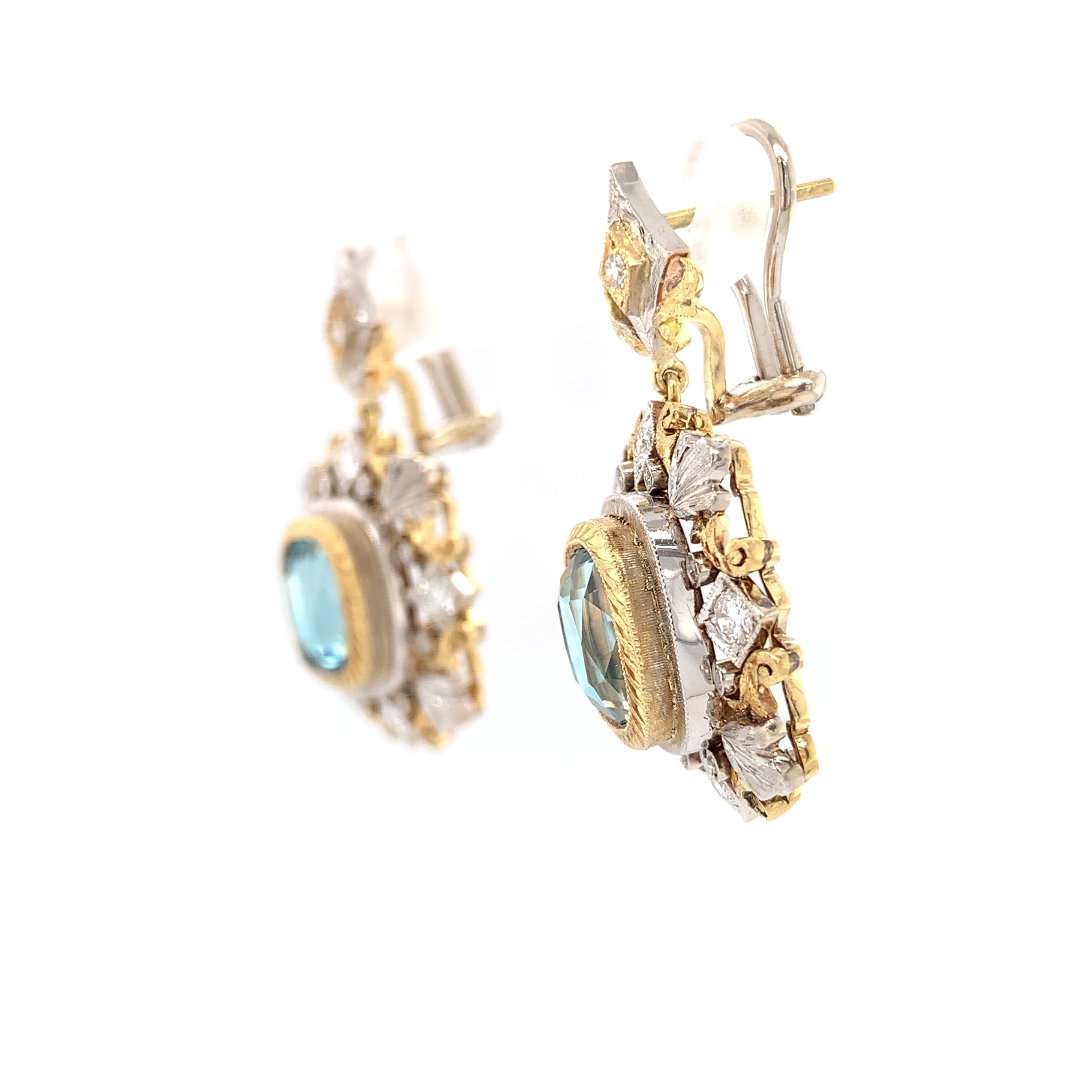 10.60 Ct T.W. Blue Zircon Diamond, Two-Toned Handmade French Clip Drop Earrings In New Condition For Sale In Los Angeles, CA