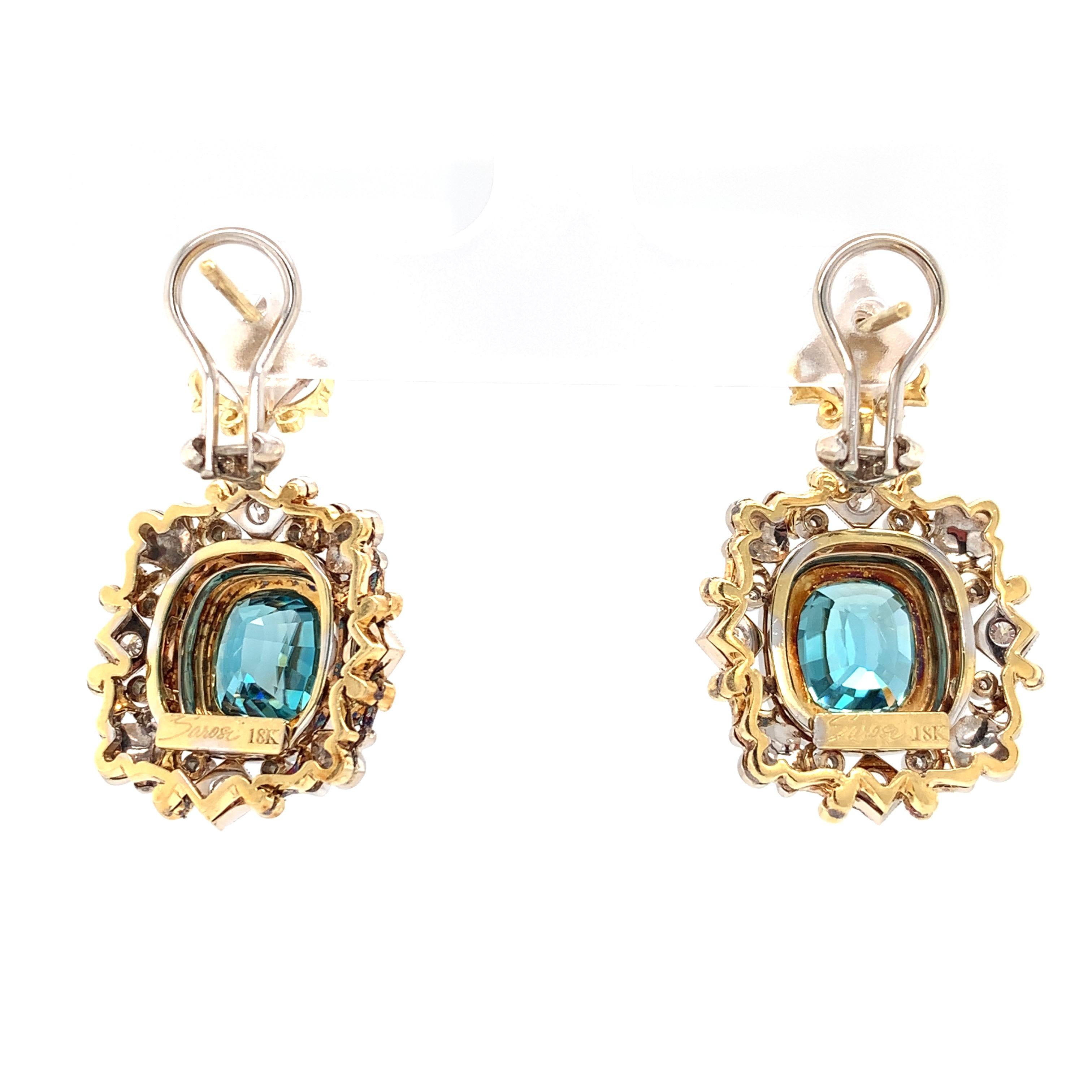 Women's 10.60 Ct T.W. Blue Zircon Diamond, Two-Toned Handmade French Clip Drop Earrings For Sale